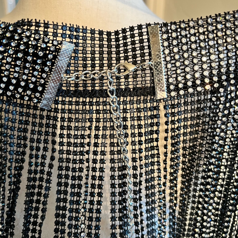 ~32" long, waist adjustable 31-37, STUNNING black rhinestone fringe skirt